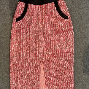 Maje Red and White Midi Pencil Skirt with Slit